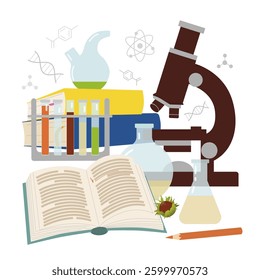 Collection of school objects for experiments, experiments. Test tube, flask, solution, microscope, books and workbook. Chemistry, biology