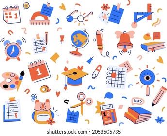 Collection of school objects in simple modern style. Education stickers set.