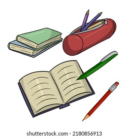 A collection of school pictures, a set for returning to school, a pencil case with pencils, pencils and pens, books and textbooks, an office set, a vector illustration in cartoon style