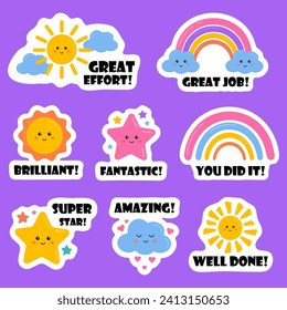 Collection of school reward stickers for kids, encouragement, motivation labels, badges for schoolers, children. Great job, good job, success, congrats, excellent work labels with rainbows, stars.