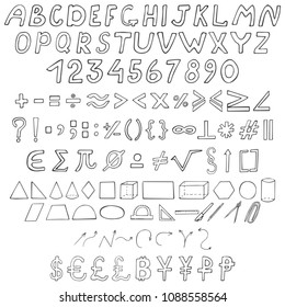 Collection of school signs. Hand-drawn font, numbers, mathematical symbols, geometric shapes, punctuation marks, arrows and currency icons, set. Vector illustration.