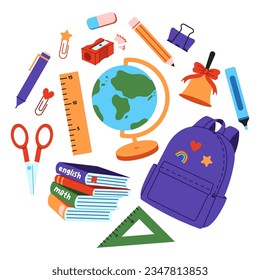 Collection of school stationery in flat cartoon style. Set of hand drawn accessories for study, student equipment. Back to school concept.