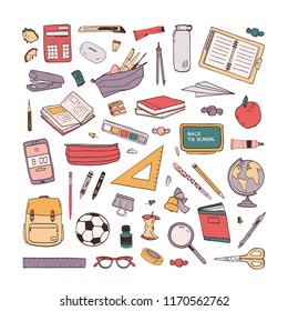 Collection of school stationery items hand drawn on white background. Set of drawings of education supplies. Bundle of design elements. Colorul creative vector illustration in realistic style.