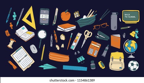 Collection of school stationery and tools for learning, studies, education isolated on dark background. Colorful hand drawn vector illustration in realistic style for Knowledge day or 1 September