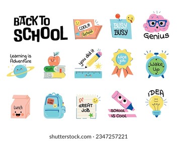 Collection of School stickers or badges with happy faces, school supplies and different decoration elements. Vector set
