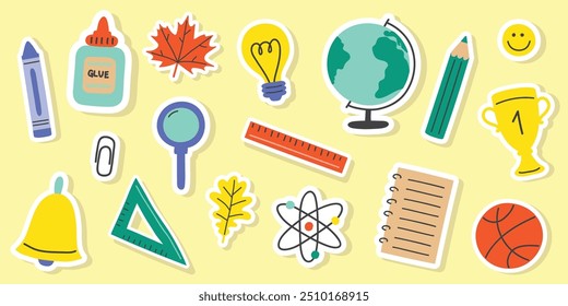 Collection of a school stickers. Cartoon stationery icons. Vector illustration