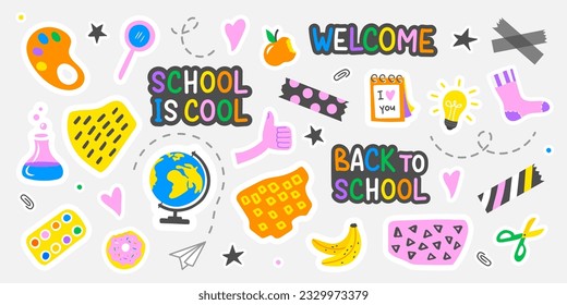 Collection of school stickers and decorative elements.Vector set for the design of covers, notebooks, books,diary and much more.
