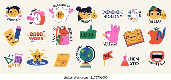 Collection of school stickers for study and daily routine. School day planning stickers with trendy lettering and elements. Back to school sticker pack vector set. - Shutterstock ID 2173706093