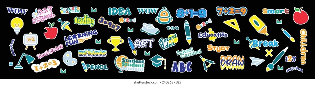 Collection of school stickers for study and daily routine. School day planning stickers with trendy lettering and elements. Back to school sticker pack vector set.