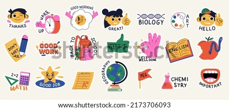 Collection of school stickers for study and daily routine. School day planning stickers with trendy lettering and elements. Back to school sticker pack vector set.