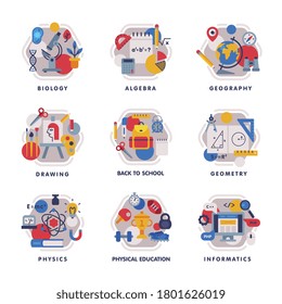 Collection of School Subjects Icons, Education and Science Disciplines with Related Elements, Back to School Concept Flat Style Vector Illustration