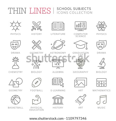 Collection of school subjects thin line icons. Vector eps 8