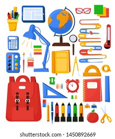 Collection of school supplies. Back to school. Stationery for school or College. School bag contents. Vector illustration in flat style