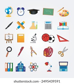 Collection of school supplies. Back to school vector illustration in gray White background