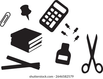 A collection of school supplies in black silhouette. Items include a stack of books, scissors, a calculator, pins, and paper clips.