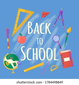 Collection of school supplies with , book, notebook, pen, backpack, ruler, books, globe, brush and paints. Vector Back to school background with stationery. Office accessories.