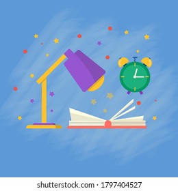 Collection of school supplies with , book, notebook,  books, lamp. Vector Back to school background, poster with stationery. Office accessories.