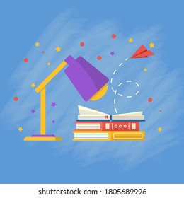 Sammlung von Schulmaterial mit , Buch, Notizbuch, Lampe. Vektorgrafik Zurück zum Schulhintergrund, Poster mit Schreibwaren. Bürozubehör.