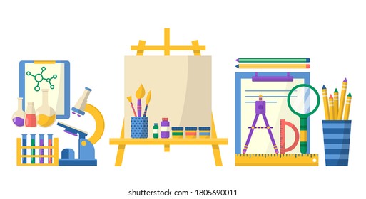 Collection of school supplies with chemistry, pen, backpack, ruler, books, set brush and paints. Vector Back to school background with stationery. Office accessories.