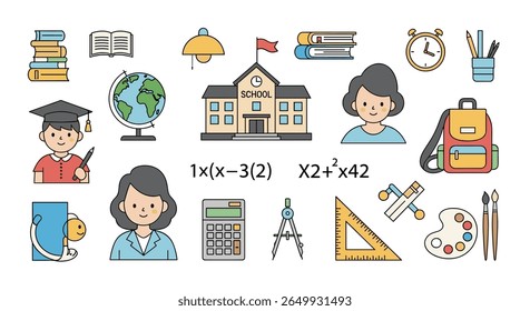 Collection of school supplies and educational icons for learning and academia