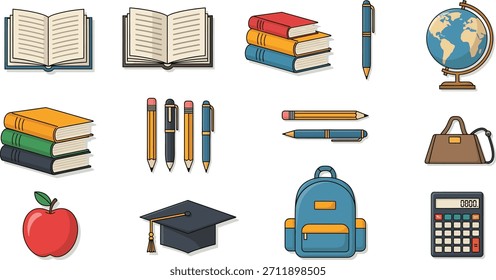 Colección de material escolar y material educativo