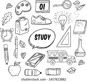 Collection of School Supplies or Elements With Doodle Style