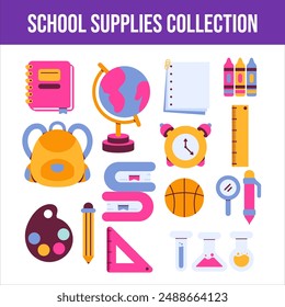 Collection of school supplies with flat style