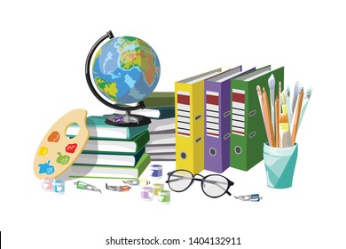 Collection of school supplies. Folders, textbooks, globe, paints. Color vector illustration.