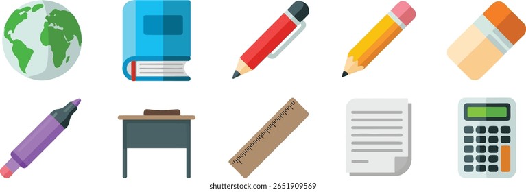 A collection of school supplies including a globe, book, pencils, eraser, marker, desk, ruler, paper, and calculator, all isolated on a white background.