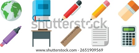 A collection of school supplies including a globe, book, pencils, eraser, marker, desk, ruler, paper, and calculator, all isolated on a white background.
