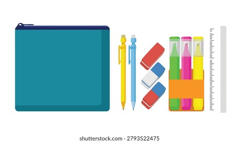 A collection of school supplies including a pencil case, pens, erasers, highlighters, and a ruler.