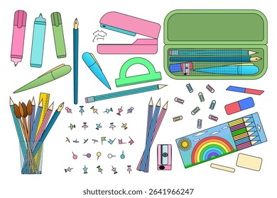Collection of school supplies including pencils, pens, erasers, sharpener, markers set, stapler and case on white background. For back to school stationery concept, education and educational theme.