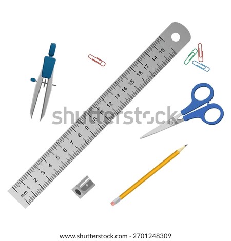 Collection of school supplies, including a ruler, compass, scissors, pencil, paperclips, and a pencil sharpener, are arranged together.