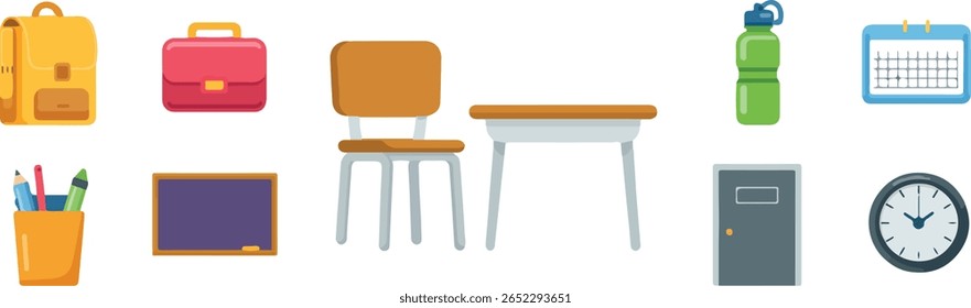 A collection of school supplies including a yellow backpack, red briefcase, brown chair, desk, green water bottle, blue calendar, pencil holder with pencils, purple blackboard, grey door, and a clock.