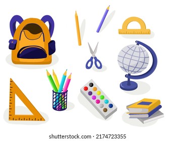 Collection of School supplies isolated: backpack, books, ruler, triangle, pencils, scissors, globe, paints