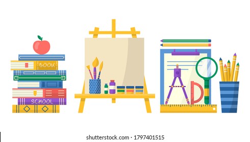 Collection of school supplies with  notebook, pen, backpack, ruler, books,   set brush and paints. Vector Back to school background with stationery. Office accessories.