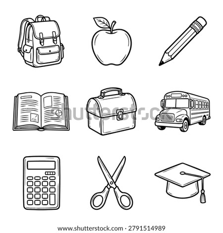 Collection of school supplies and objects including backpack, apple, pencil, book, lunchbox, bus, calculator, scissors, and graduation cap.