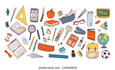 Collection of school supplies or stationery. Bundle of accessories for lessons, items for education of smart pupils and students isolated on white background. Colorful hand drawn vector illustration