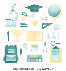 conjunto de suministros escolares, educación, mochila, ilustración aislada de color suave, vector