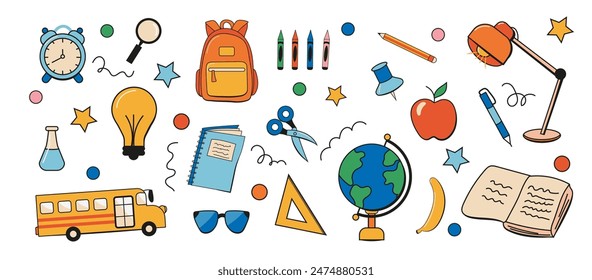 Colección de material escolar o papelería. Paquete de accesorios para clases, artículos para la educación aislados sobre fondo blanco. Juego de Ilustraciones vectoriales retro groovy.