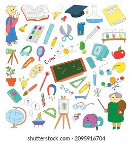 Collection of school supplies in the style of colored doodle.