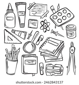 A collection of school supplies such as pens, pencils, rulers, erasers, and notebooks are doodled in a colorful and playful style on a clean white background. 