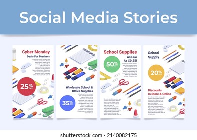 Collection school supply discount social media stories with place for text vector illustration. Set internet advertising poster marketing sale college stationery. Online retail promo digital store