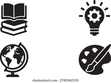 Collection of school symbols including stack of books creative lightbulb cog mechanism globe and art palette set.