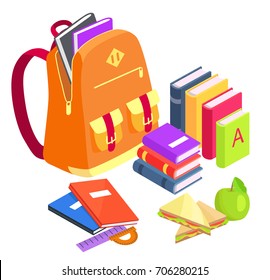 Collection of school-related objects isolated on white. Vector illustration of orange rucksack, pile of textbooks, lunch meal and stationery items