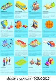 Collection of school-themed posters. Isolated vector illustration of educational institutions, teenage students and things they use on daily basis