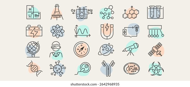 Coleção de ícones de ciência em estilo de esboço. Inclui símbolos de pesquisa, ferramentas de laboratório, biologia e astronomia. Conjunto de vetores com traços editáveis para projetos educacionais.