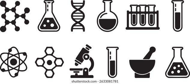 Coleção de ícones de ciência e laboratório, incluindo moléculas, frascos, dna, átomo e microscópio. Todos os ícones têm contorno preto com fundo transparente.