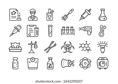 A collection of science and laboratory equipment icons are arranged in a grid pattern, using black lines.