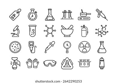 Coleção de ícones de equipamentos científicos e laboratoriais, incluindo frascos, microscópios, moléculas e equipamentos de segurança em preto e branco.